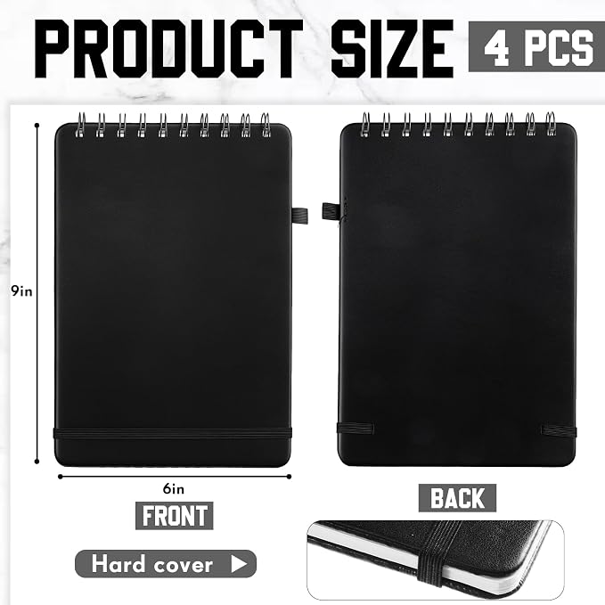 Qeeenar 4 Pack Small Spiral Notebooks 6 x 9 Inch, Black Leather Cover Top Bound Wirebound Notepads with 50 Sheets Lined Pages for Office School Travel Work Daily Notes and Lists