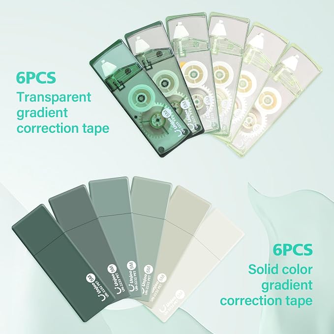 Unjoo Mini White Correction Tape Set (12pack, 5M/196" x 0.2", Green) | Aesthetic Cute Correction Tape, Easy To Use, For school, Office Workers