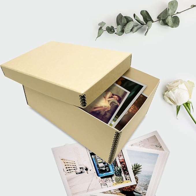Lineco Archival Photo Card Box, Museum-Quality, 5x8x12 Inch, Tan, 2 Pack | Acid-Free with Removable Lid, Metal-Edge Corner, Bulk Storage and Preservation for Negatives, Prints, Films, Photos, Snapshot
