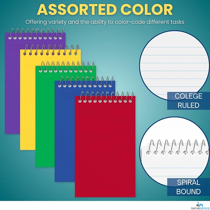 1InTheOffice Wirebound Spiral Memo Books, Memo Pads, 3" x 5", College Ruled, Small Notepad 3x5, Assorted, 75 Sheets/Pad, 5 Pads/Pack (10)