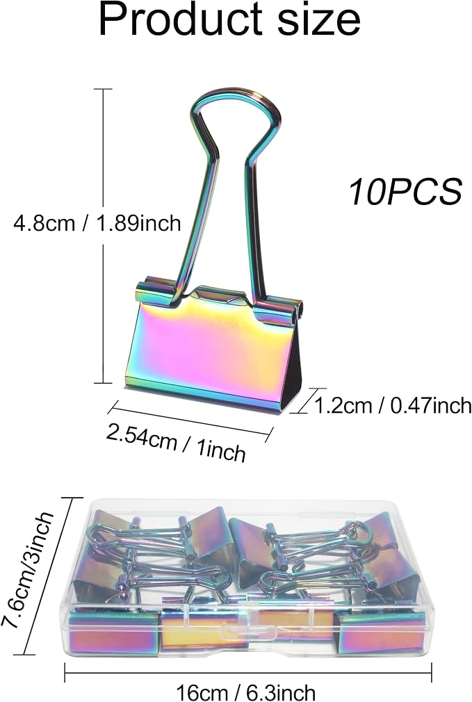 1 Inch Rainbow Paper Clamps, Medium Binder Clips for Home Office, 10 Pcs | Medium Rainbow Binder Clip, Colorful Paper Clamps, for Organizing Office Files, Folders, and Documents.