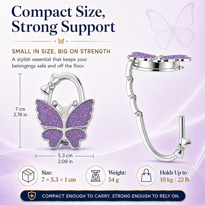 Purse Hook for Table, Foldable Handbag Hanger for Women, Portable Bag Holder with Non-Slip Base, Cute Matte Purple Butterfly Purse Table Hook for Restaurant Office Travel Gift
