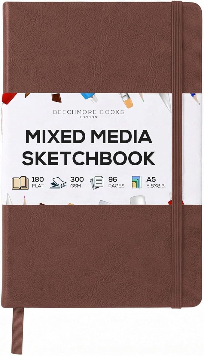 Beechmore Books 300 GSM Heavyweight Mixed Media Sketchbook A5 5.8"x8.3" - 96 Pages, Vegan Leather Hardcover Professional Art Journal for Paintings, Gouache and Ink