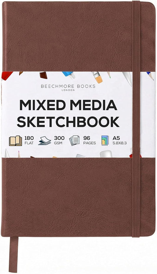 Beechmore Books 300 GSM Heavyweight Mixed Media Sketchbook A5 5.8"x8.3" - 96 Pages, Vegan Leather Hardcover Professional Art Journal for Paintings, Gouache and Ink