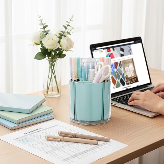 Comix 360° Rotating Pen Holder for Desk, Cute Pencil Holder Pen Organizer, Green Acrylic Pencil Cup Caddy with 5 Slots for Home School Office Supplies
