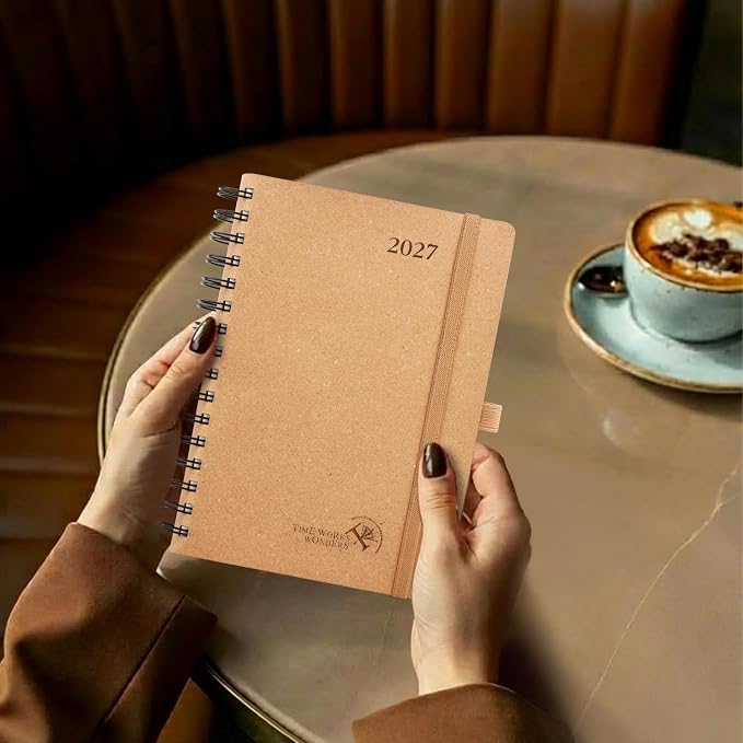 POPRUN 2027 Daily Planner One Page Per Day, Recycled Paper Planner with 5.75" x 8.5", Calendar Book with Italian Regenrated Leather Hard Cover, Hourly Time Slots, Spiral Bound, Monthly Tabs - Black Grey