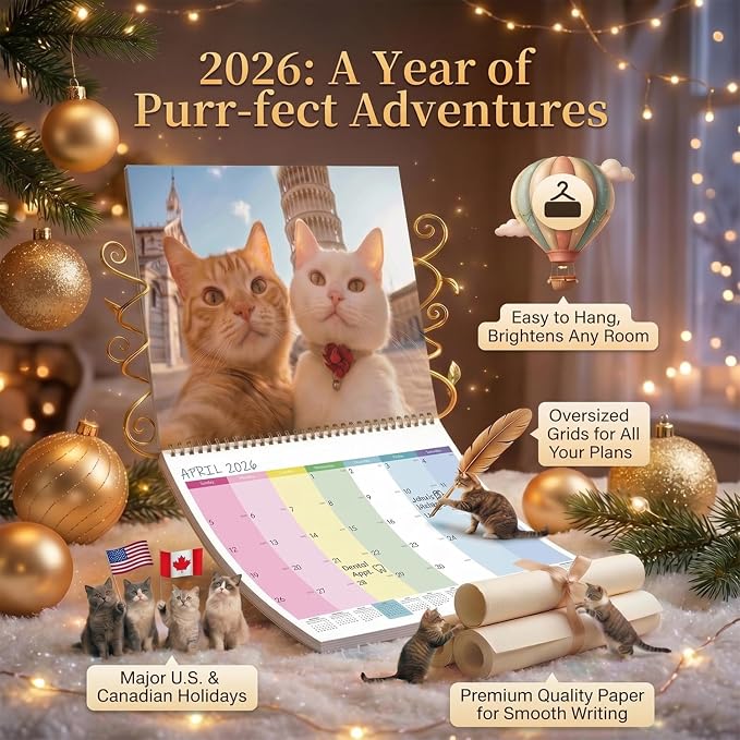 2026 Wall Calendar - Cute Cat Selfies Theme Calendar | Cat Calendar January - December for Organizing & Planning | Holidays Highlighted (7.3"x10", 10"x14.6" Opened)