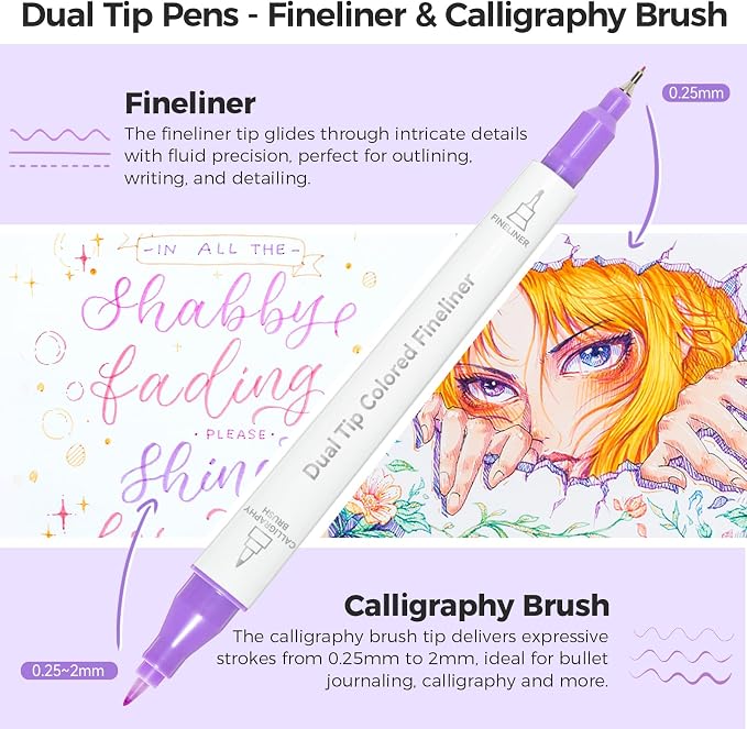 Ohuhu 12 Colors Brush & Fineliner Dual Tips Colored Drawing Pens for Adults | Waterproof & Alcohol-proof Brush Micro Pens for Artists & Beginners Drawing Sketching Bullet Journal Outlining Office Class