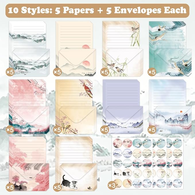 FUNCLASS 160 Pcs Ink Wash Stationery Set Letter and Envelopes | 50 Lined Stationery Paper and 50 Matching Envelopes , 5.5 x 8.25 Inches Letter Writing Stationery for Home, Office, School