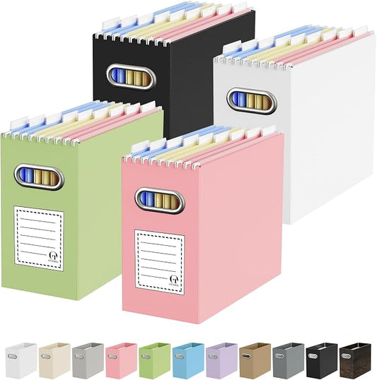 Oterri File Organizer Box, Portable Collapsible Cardboard File Folder Organizer with Handle for Letter Size Hanging Files, Document Storage Box for Home Office & Classroom (4 Packs, Multi color)