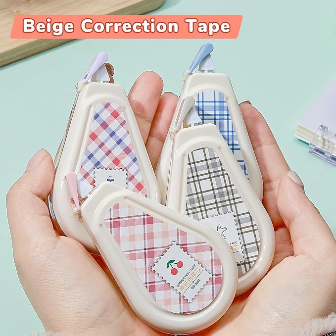 Temiary 5 Pcs Aesthetic Beige Correction Tape, Smooth Tapes, Plaid Patterns | Quick Dry Beige Tapes for Instant Corrections, Easy to Use White Tape Out Applicator Set for Office Note Taking, Journaling