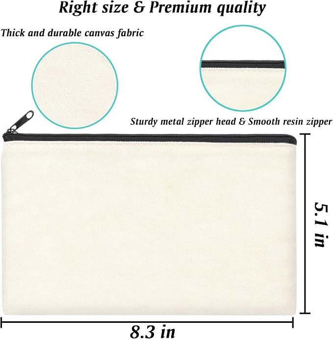 ZeeDix Canvas Zipper Pouch Bulk – 8.3 x 5 Inches Cotton Canvas Pouches with Zipper, Canvas Pencil Pouch, Makeup Bags Bulk for Travel Cosmetic Toiletry, Multipurpose Zipper Pouch for DIY Craft Storage