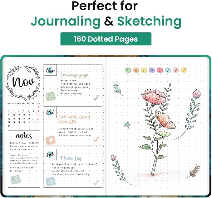 Taja Pretty Dotted Journal for Women, Aesthetic Cute Hardcover Leather Journal for Writing, A5 Journaling Notebook for Work & Sketch, Perfect for Office School Home, 160 Pages, Emerald Shores
