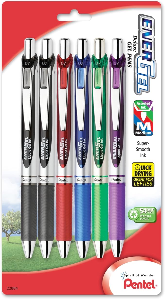 Pentel EnerGel RTX Retractable Liquid Gel Pen, (0.7mm), Medium Line, Metal Tip, Assorted Colors, Pack of 6 (BL77BP6M)
