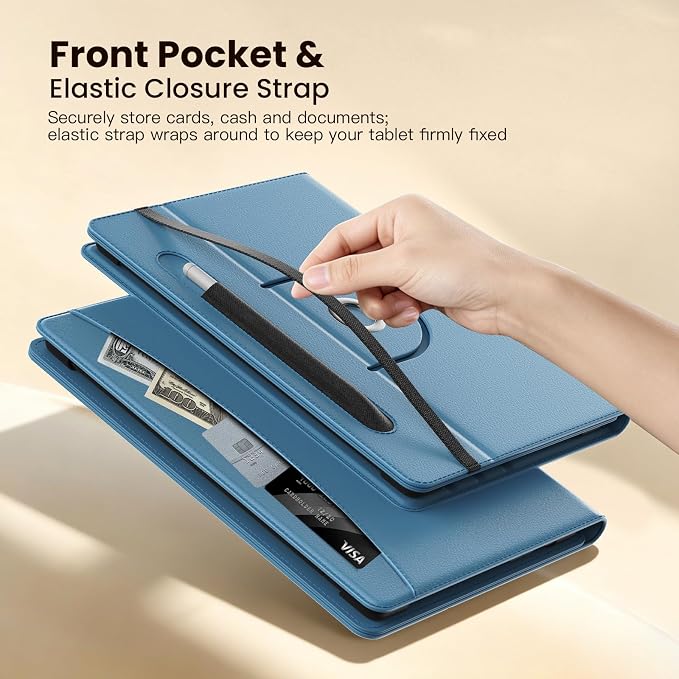 MoKo for Universal 11 inch Android Tablet Case with Pen Holder, Denim Blue | Fits All 9.6-11 inch Tablets, Slim 360 Degree Rotating Cover, Multi-Angle Stand, Front Pocket, No fit iPad/NO back opening