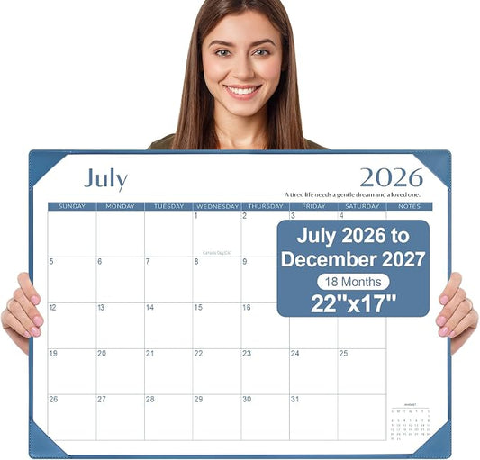 Gannyfer Desk Calendar 2026-2027 with Desktop Mat, Simplified Large 22" x 17" Desktop Pad Calendar, 18 Month Desk Calendar 2026, Use from July 2026 to Dec 2027, Office Supplies Perfect for Home School and Office - Blue