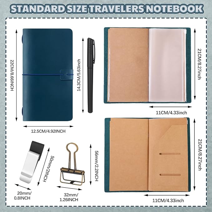 Thenshop Travelers Refillable Leather Journal Notebook Travel Diary Handmade Passport Travelers Journal for Men and Women with 3 Notebook Inserts, Pen Holder, Binder Clip(Blue,Stand Size)