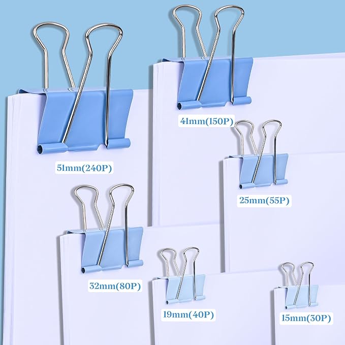 Temiary Aesthetic Binder Clips, Small Metal Binder Clip with Clear Storage Container, Binding Paperwork Clamps for School Teachers Office Supplies (Blue 0.6 Inch, 60P)