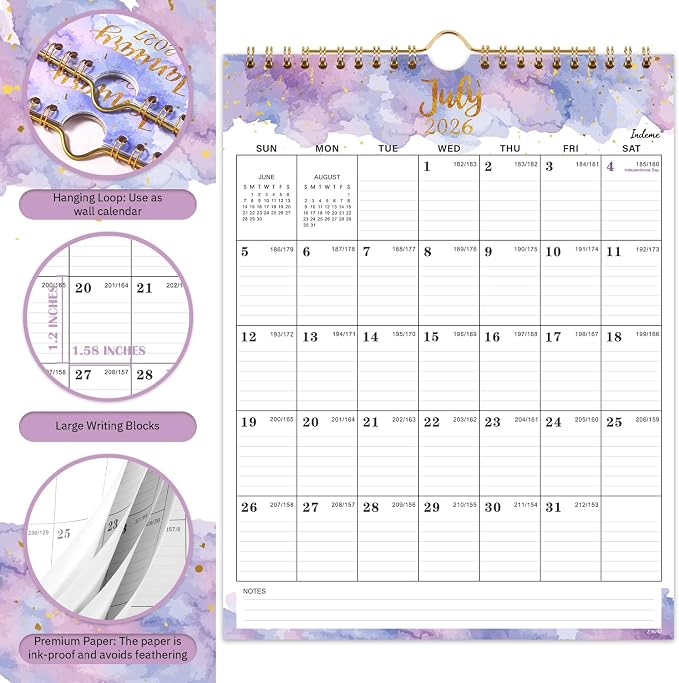 Calendar 2026-2027 - Wall Calendar 2026-2027, 8.5" x 11", Jul 2026 - Dec 2027, 18 Months Calendar Wall with Hanging Hook, Holidays and Julian Dates - Colorful Waterink