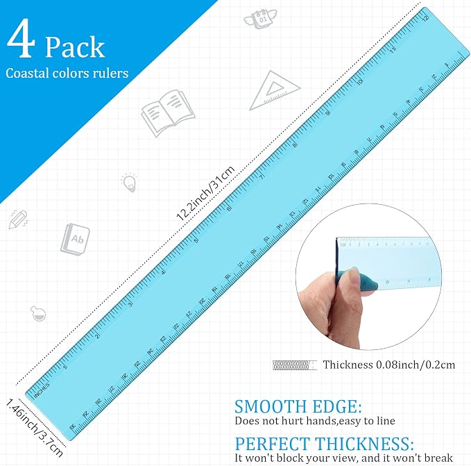 4 Pack Plastic Straight Rulers 12 Inch Coastal Colors Kids Ruler for School Clear Blue Ruler with Centimeters and Inches for Student Teacher Classroom Office School