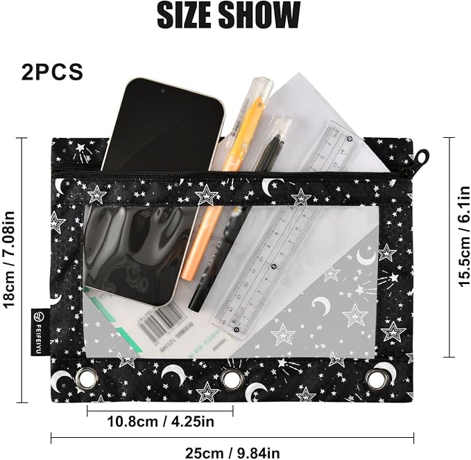 Star Pencil Pouches for 3 Ring Binder 2 Pack | Binder Pencil Case With Zipper Reinforced GrommetsPencil Bags for Office Organizers