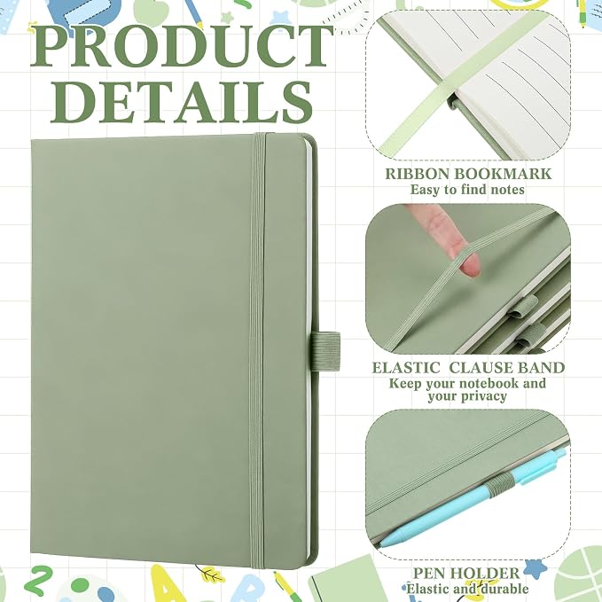 Laumoi 14 Pack Hardcover Journal Notebooks Bulk A5/A4/B5 Journaling Notebook Wide Ruled PU Leather Ruled Lined Journals with Pen Holder for School Business Work Writing (Sage Green,A5)
