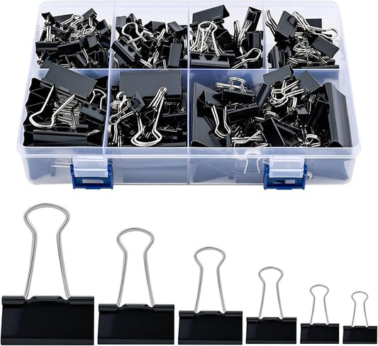 Temiary 188 Pcs Binder Clips with Container, Assorted 6 Sizes Clamps, Black | 0.6 & 0.75 & 0.98 & 1.26 & 1.6 & 2 Inch Metal Binder Clip in One Pack, Paperwork Clamp Bulk for Office, Home, School
