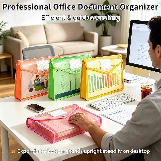 Plastic Expanding File Folder, Transparent Envelopes with Snap Closure | No Dividers, Large Capacity, Assorted Colors, Accordion Folder Organizer for File Folder, Fits Letter / A4 Size, 10 Pack