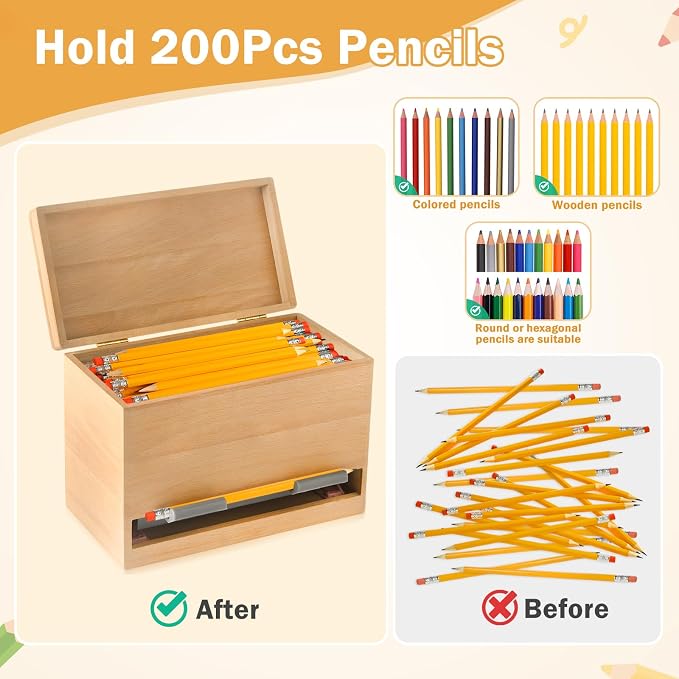 Pencil Dispenser for Classroom, Wooden Pencil Holder, Classroom Teacher Must Have, Pencils Straws Organization & Storage for Classroom Office Kitchen Restaurant (Wood color)