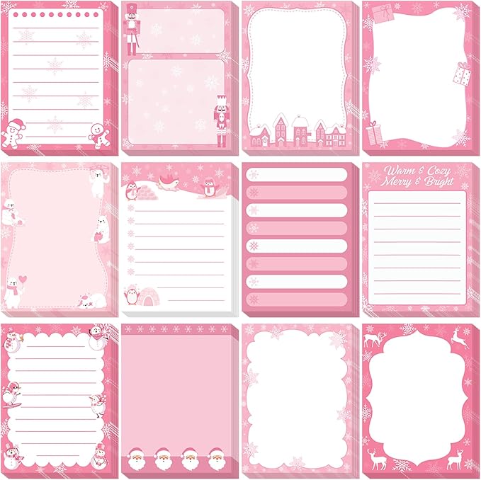 Chiisong 12 Pcs Christmas Sticky Notes Pink Christmas Notepad Santa Snowflake Snowman Self Adhesive Memo Pads Xmas Gift Cute Decorative Notepad Winter Party Favor for Office Winter Holiday Gift