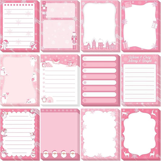 Chiisong 12 Pcs Christmas Sticky Notes Pink Christmas Notepad Santa Snowflake Snowman Self Adhesive Memo Pads Xmas Gift Cute Decorative Notepad Winter Party Favor for Office Winter Holiday Gift