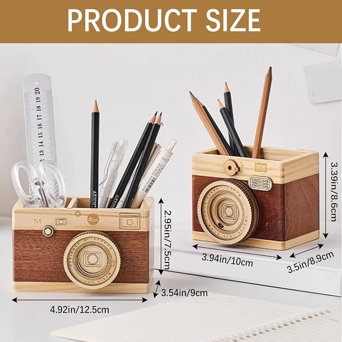 Vintage Wooden Camera Pencil Holder – Retro Desk Organizer for Pens & Stationery, Unique Photography Gift for Photographers, Creative Wooden Pen Holder for Office & Home Decor (Double slot)