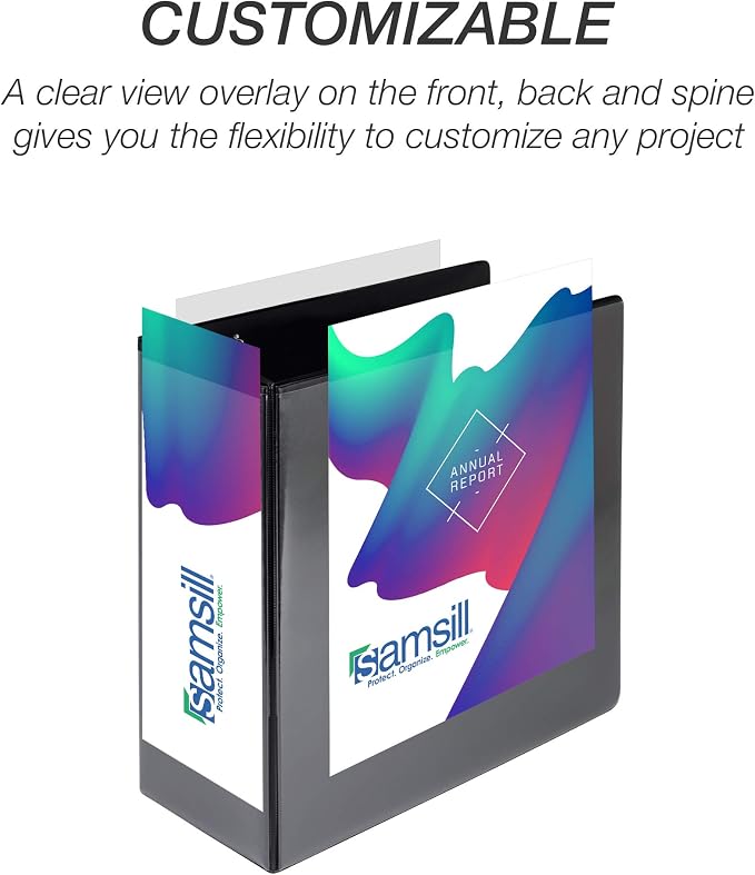 Samsill Durable 5 Inch 3 Ring Binder, D Ring Binder, Customizable Clear View, Black, 6-Pack, Holds 1070 Pages