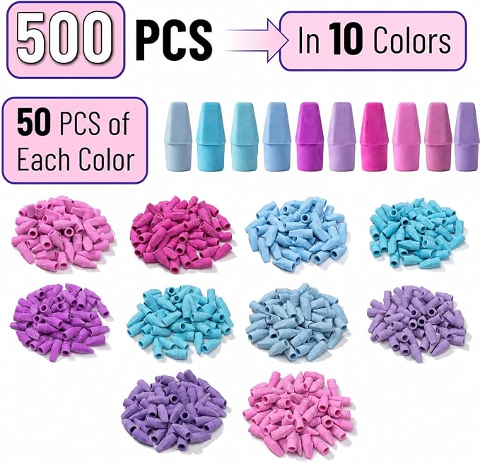 Mr. Pen- Pencil Erasers Toppers, 500 Pack, Colorful | Latex Free, No Smudge, Mr Pen Erasers for Pencils