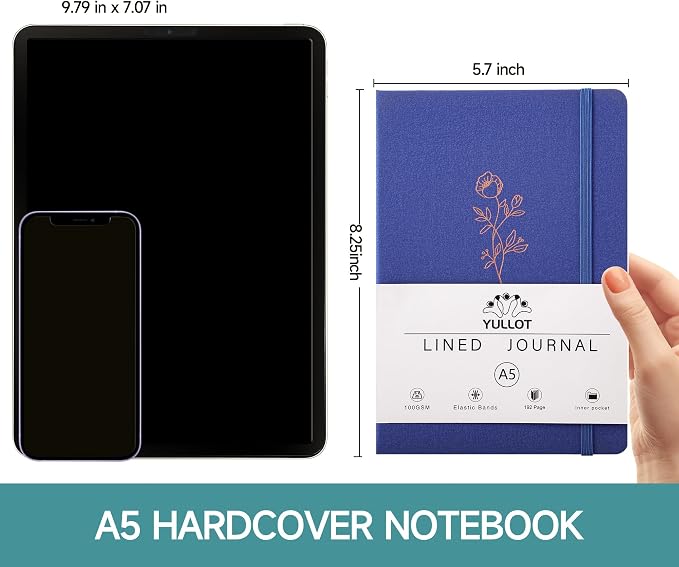 Lined Journal Notebook –A5 PU Leather Hardcover Notebook, 100gsm Thick Bleedproof Paper with Inner Pocket – 192Pages Lined Writing Journal for Students Women Note Taking - Lavender Blue