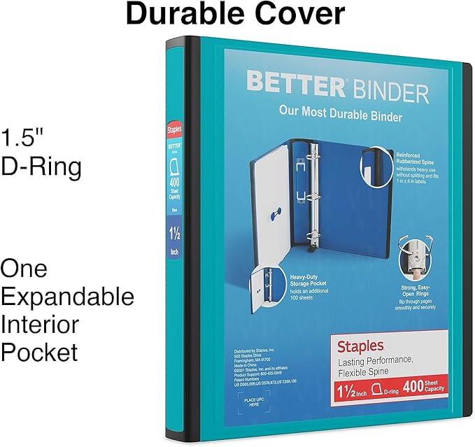 Staples Better Binder 1.5-Inch D-Ring View Binder, Reinforced Spine, Holds Up to 350 Sheets, Teal, for Office & School