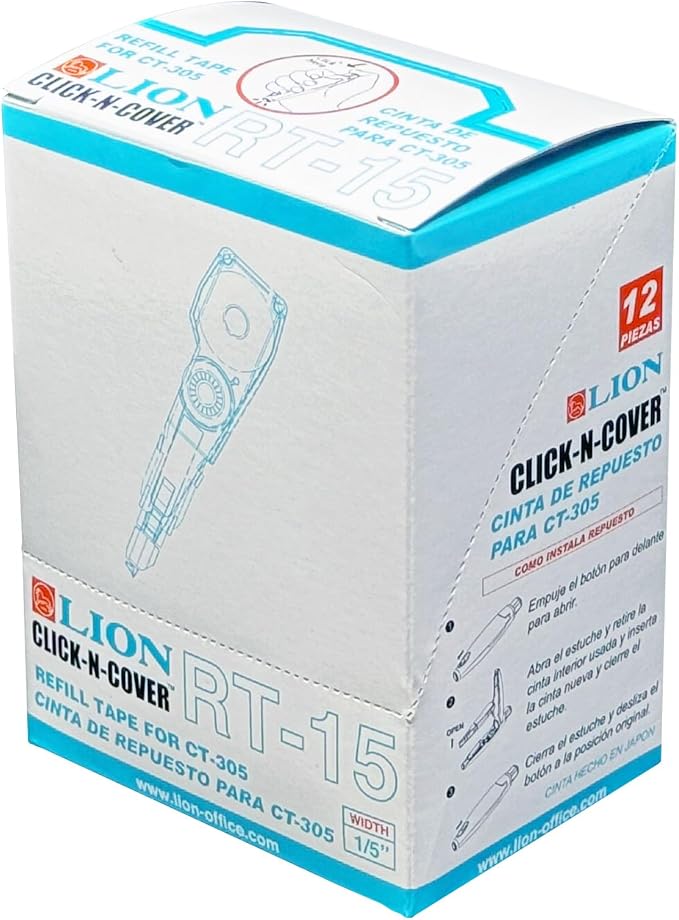 LION CLICK-N-COVER Refill Correction Tape for CT-305, 1/5" wide and 236" long, Acid-Free, Economy Box, Box of 12 (RT-15-12B)