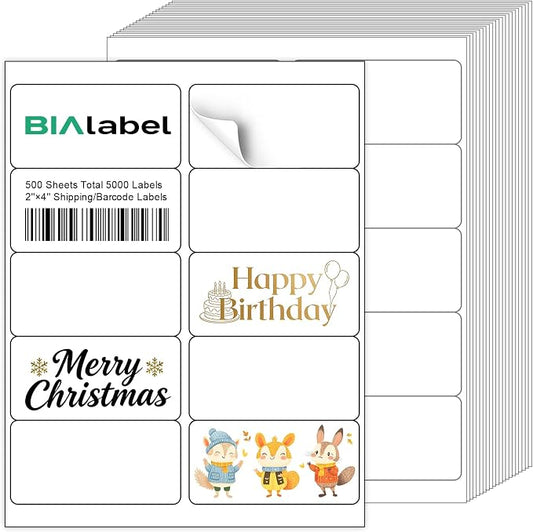5000 Labels 10-Up 2" x 4'' Shipping Address Barcode Labels for Laser & Inkjet Printers, 500 Sheets, White, Permanent Adhesive, BIAlabel