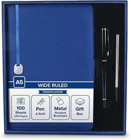 Premium Leather Notebook Gift Set with Pen and Ink Refill, A5 Wide Ruled Notebook for School & Office Supplies, Employee & Teacher Appreciation Gifts, 200-Page Lined Journal for Men & Women, Blue