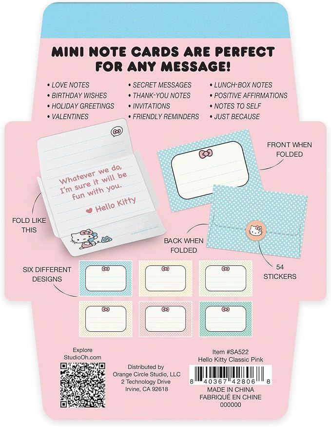 Studio Oh! Blank Mini Note Cards with Sticker Seals, 48 Tear-Off Foldable Memos, Tiny Envelope Notes, 6 Designs, 54 Stickers for All Occasion, Thanks, Party Invitations, Hello Kitty® Classic Pink
