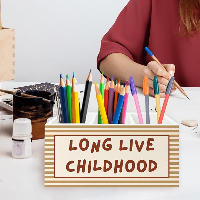 Retro Kids Pen Pencil Holder Organizer for Desk, Orange Striped Long Live Childhood Wooden Box Signs Decorations for Home Classroom Kids Room Bedroom Desk Tabletop, Boys Room Decor