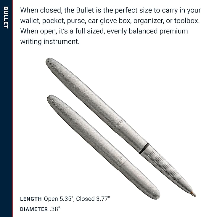 Fisher Space Pen Brushed Chrome Bullet Pen, Pressurized Ballpoint Pen, Compact Size, Writes Upside Down and in Extreme Temperatures, Smooth Black Ink, Medium Point, Gift Box, Made in the USA