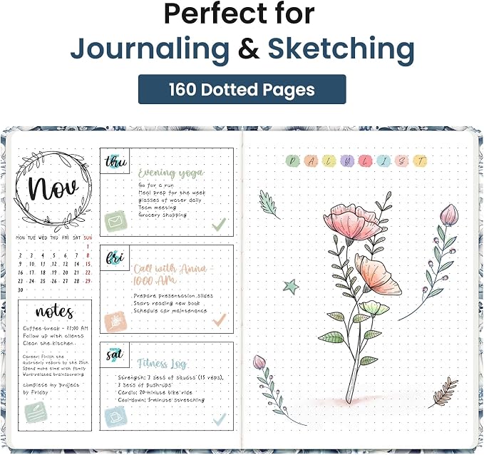Taja Pretty Dotted Journal for Women, Aesthetic Cute Hardcover Leather Journal for Writing, A5 Journaling Notebook for Work & Sketch, Perfect for Office School Home, 160 Pages, Blue Floral