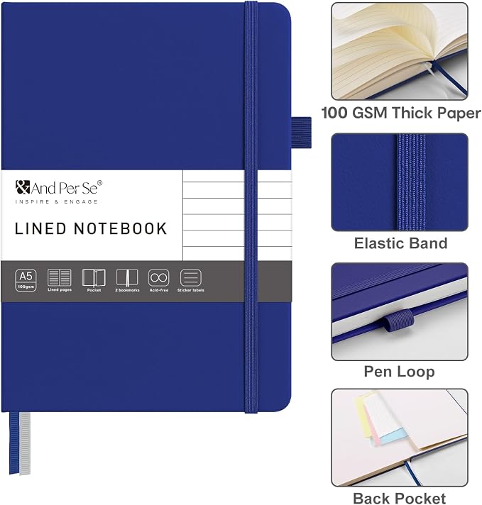 &And Per Se Lined Journal Notebook – A5 5.7”x8” College Ruled, 160 Pages, 100gsm Thick Paper, Journaling Notebooks for Writing (Royal Blue)