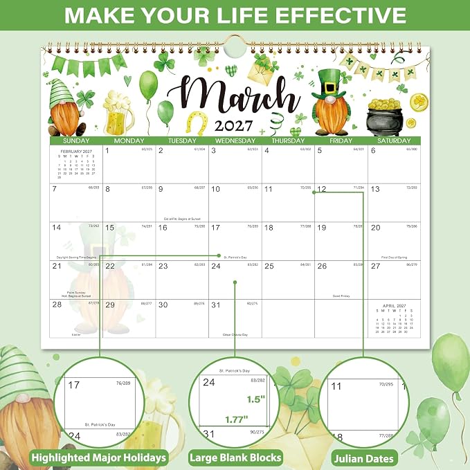 Calendar 2026-2027 - Wall Calendar 2026-2027, July 2026 - December 2027 Wall Calendars, 14.8'' x 11.6'', with Julian Dates, Hanging Hole, Thick Paper