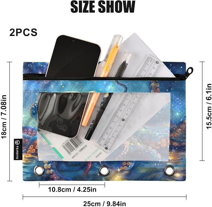 ALAZA Octopus Blue Pencil Pouch for 3 Ring Binder 2 Pack Zipper Binder Pencil Bag Case with Clear Window Office Supplies