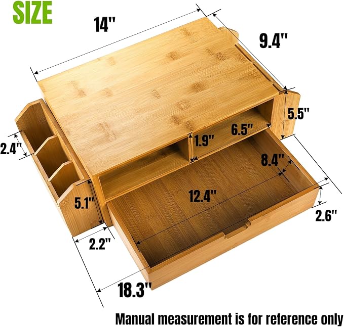 Hiceeden 2 Tier Bamboo Desktop Organizer, Desk Monitor Stand Riser with 1 Drawer and 2 Pen Holder, 2 Compartment Computer Desk Storage Organizer for Laptop, Printer