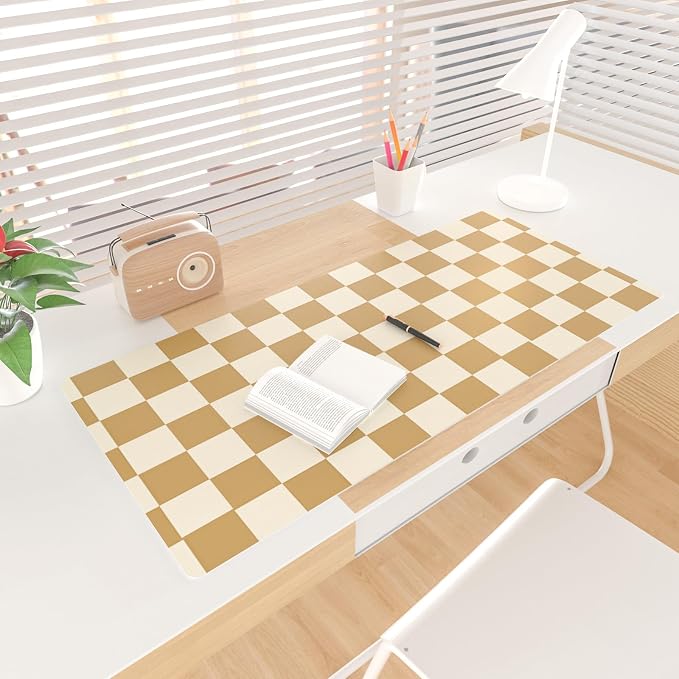 Colorful Star Khaki Plaid Large Mouse Pad, 31.5" x 15.7" | Waterproof Non-Slip Desk Mat for Office Accessories, Mousepad & Large Desk Pad, PU Leather Laptop Mat