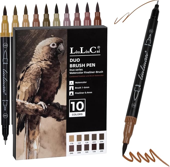 LIULIUCAI 10 Brown Dual Markers, Fine & Brush Tip Pen for Adult Coloring | Drawing Pen, Earthy Brown Markers for Wood Textures, Rustic Illustrations, Animal Sketches , Cozy Interiors, No Bleeding