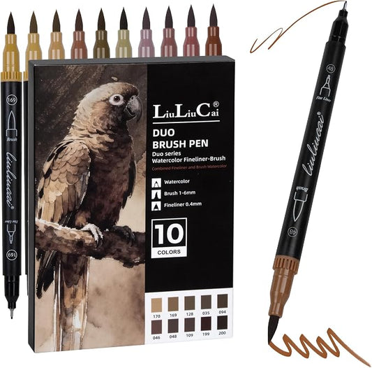 LIULIUCAI 10 Brown Dual Markers, Fine & Brush Tip Pen for Adult Coloring | Drawing Pen, Earthy Brown Markers for Wood Textures, Rustic Illustrations, Animal Sketches , Cozy Interiors, No Bleeding